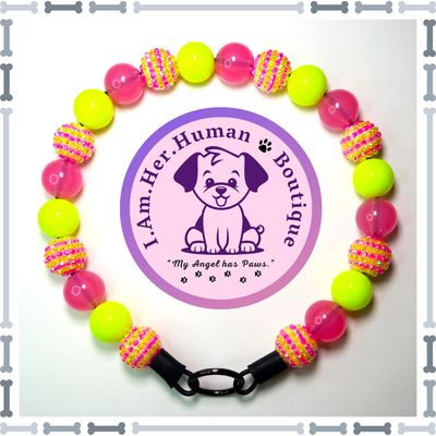 Pink &amp; Yellow Rhinestone, Bright Pink Jelly, Neon Yellow, Chunky Glam Bead Dog Collar, Bubblegum Bead Dog Collar, Beaded Dog Collar, Bubblegum Beaded Collar, Acrylic