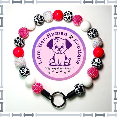Hot Pink, Hot Pink Rhinestone, White, Black &amp; White Cow Print, Chunky Glam Bead Dog Collar, Bubblegum Bead Dog Collar, Beaded Dog Collar, Bubblegum Beaded Collar, Acrylic