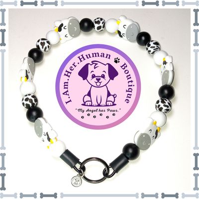 Cute Grey Cow Face Beaded Dog Collar, Black &amp; White, Silicone Bead Dog Collar, Bubblegum Bead Dog Collar, Dog Pearls, Bead Dog Necklace, Black &amp; White Cow Print, Silicone Glam Bead Dog Collar