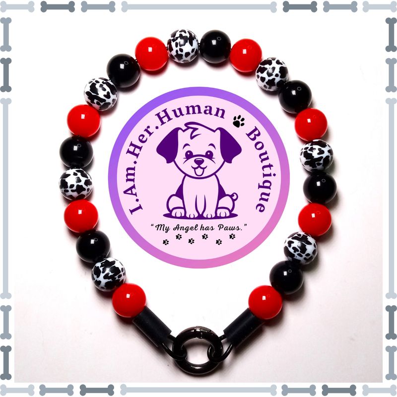 "Lil Black & White Cow Print" XS Mini Bead Collar Lil Black & White Cow Print | Custom | Bubblegum Bead | Dog Collar | Dog Pearls | Dog Necklace | XS Mini Dog Collar | Acrylic | Red | Slip On | Small Dog Collar