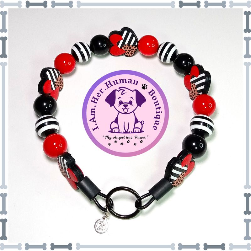 Entangled Love, Triple Heart Silicone Beads, Red, Black, White, Silicone Bead Dog Collar, Bubblegum Bead Dog Collar, Dog Pearls, Bead Dog Necklace, Silicone Valentine Bead Dog Collar