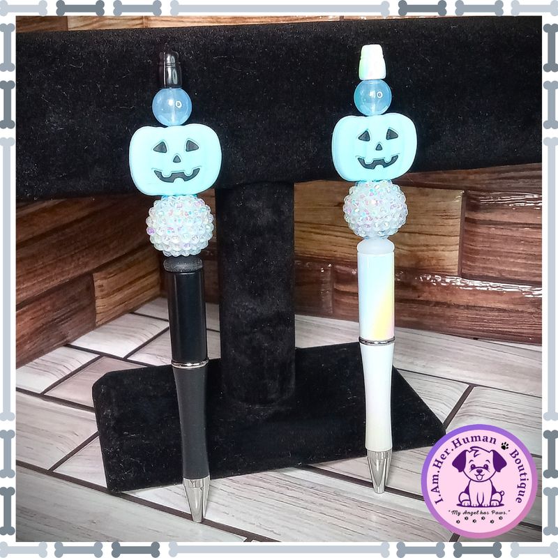 Refillable, Halloween, Beaded Pen, Blue Pumpkin Face, Blue Rhinestone