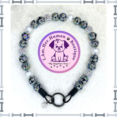 Daisy Print, Black AB Beads, White Rhinestone, White Frost, Mini Glam Bead Dog Collar, Bubblegum Bead Dog Collar, Mini Beaded Dog Collar, Bubblegum Beaded Collar, Acrylic