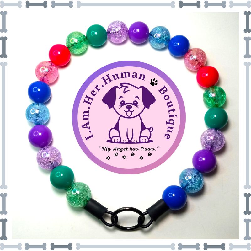 Blue, Green, Purple, Hot Pink, Solid &amp; Crackle Beads, Rainbow Colors, Chunky Bead Dog Collar, Bubblegum Bead Dog Collar, Beaded Dog Collar, Bubblegum Beaded Collar, Acrylic