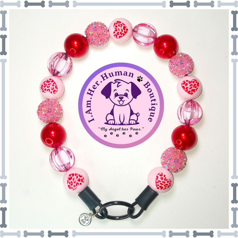 Valentines, Pink, Heart Print Beads, Red Pearl, Translucent Pink Pumpkin Beads, Chunky Glam Bead Dog Collar, Bubblegum Bead Dog Collar, Beaded Dog Collar, Bubblegum Beaded Collar, Acrylic
