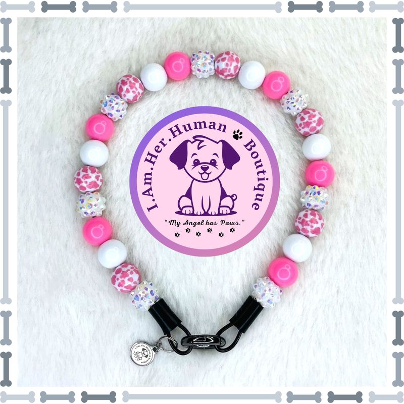 Lil Strawberry Milk | Pink Cow Print | Bubblegum Dog Collar | Dog Pearls | Dog Necklace | Acrylic | Slip On | XS Mini Dog Collar | Pink | White | Small Dog Collar