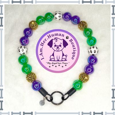 "Mardi Paws" Chunky Glam Bead Collar Purple, Green, Gold Rhinestone, Black & White Paw Print, Chunky Glam Bead Dog Collar, Bubblegum Dog Collar, Beaded Dog Collar, Bubblegum Bead Collar, Acrylic, Dog Pearls, Dog Necklace