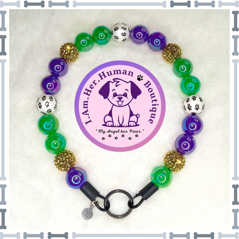 "Mardi Paws" Chunky Glam Bead Collar Purple, Green, Gold Rhinestone, Black & White Paw Print, Chunky Glam Bead Dog Collar, Bubblegum Dog Collar, Beaded Dog Collar, Bubblegum Bead Collar, Acrylic, Dog Pearls, Dog Necklace