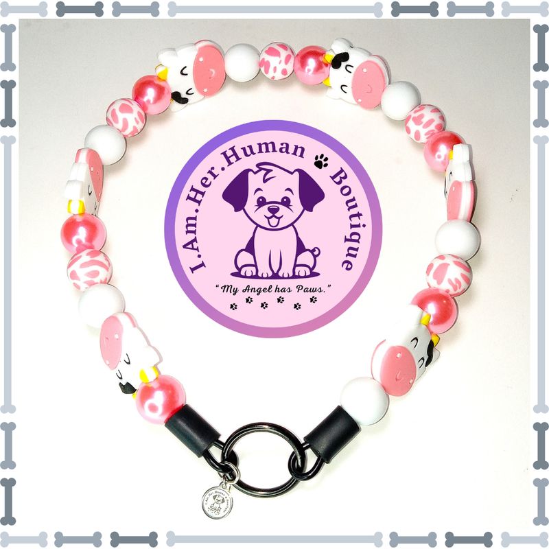 Cute Pink Cow Face Beaded Dog Collar, Pink &amp; White, Silicone Bead Dog Collar, Bubblegum Bead Dog Collar, Dog Pearls, Bead Dog Necklace, Pink &amp; White Cow Print, Silicone Glam Bead Dog Collar