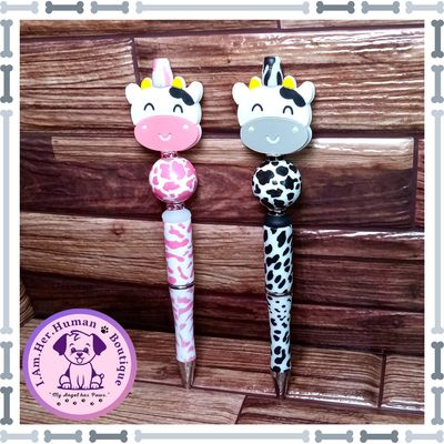 Refillable, Cow Print, Beaded Pens