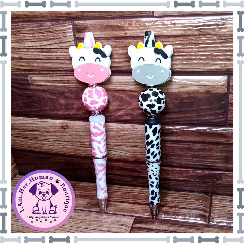 Refillable, Cow Print, Beaded Pens