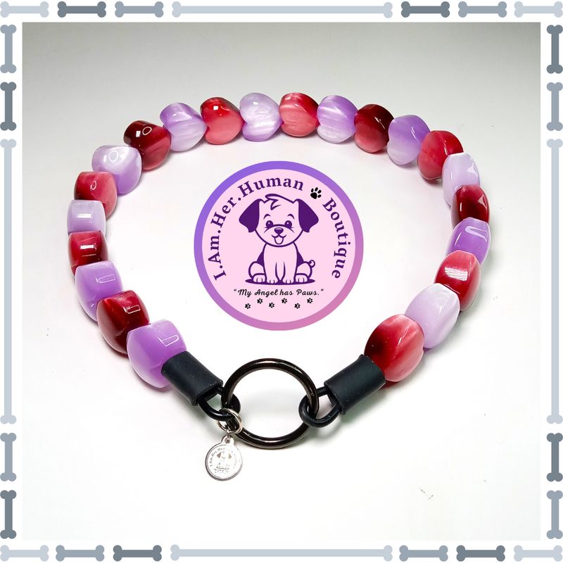 Valentines, Wine Red, Lilac Purple, Heart Shaped Beads, Chunky Glam Bead Dog Collar, Bubblegum Bead Dog Collar, Beaded Dog Collar, Bubblegum Beaded Collar, Acrylic