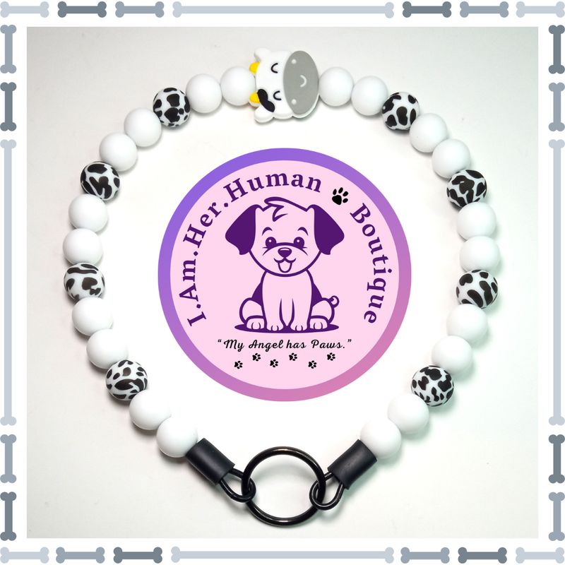 Grey Cow Face Focal, White, Black &amp; White Cow Print, Silicone Bead Dog Collar, Bubblegum Bead Dog Collar, Beaded Dog Collar, Bubblegum Beaded Collar, Silicone