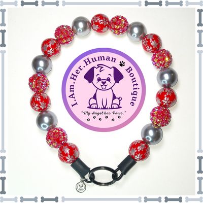 Christmas, Red, Silver Snowflakes, Rhinestones, Pearls, Chunky Glam Bead Dog Collar, Bubblegum Bead Dog Collar, Beaded Dog Collar, Bubblegum Beaded Collar, Acrylic