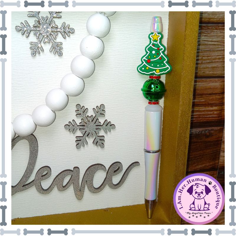 Refillable, Christmas, Holiday Beaded Pen, Green Christmas Tree Focal Bead, Refillable Christmas Beaded Pen
