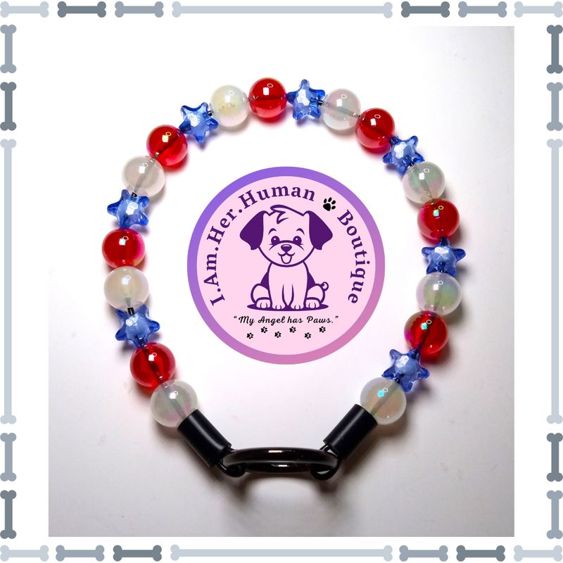 "Lil Liberty Stars" XS Mini Glam Bead Collar Americana Collar, Red, White, Blue Stars, XS Mini Glam Dog Bead Collar, Bubblegum Bead Dog Collar, XS Mini Beaded Dog Collar, Bubblegum Beaded Collar, Acrylic