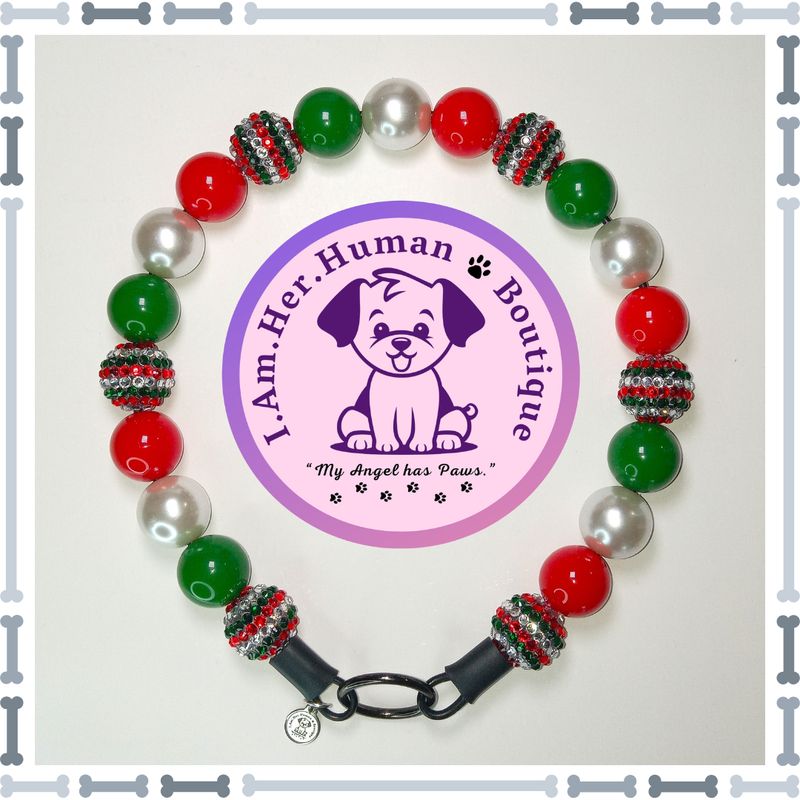 Christmas, Red, White, Green, Rhinestone, Solid, Pearl, Chunky Glam Bead Dog Collar, Bubblegum Bead Dog Collar, Beaded Dog Collar, Bubblegum Beaded Collar, Acrylic