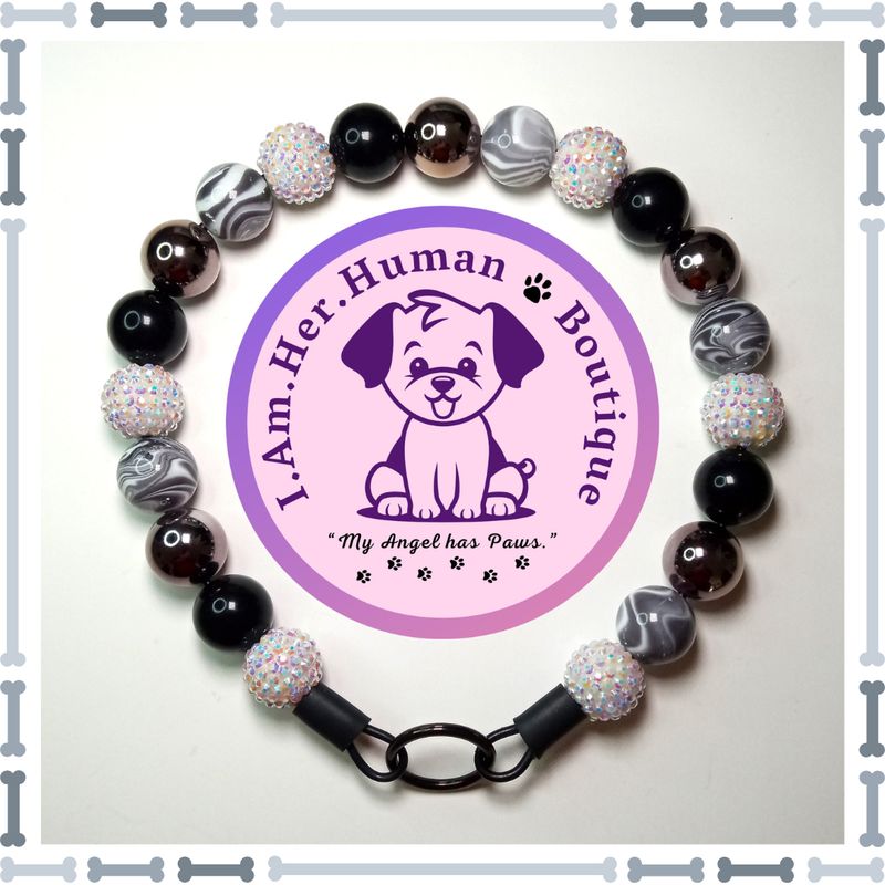 "Elegant Twilight" Chunky Glam Bead Collar Black, Black Chrome, White Rhinestone, Black & White Marble, Chunky Glam Bead Dog Collar, Bubblegum Bead Dog Collar, Beaded Dog Collar, Bubblegum Beaded Collar, Acrylic
