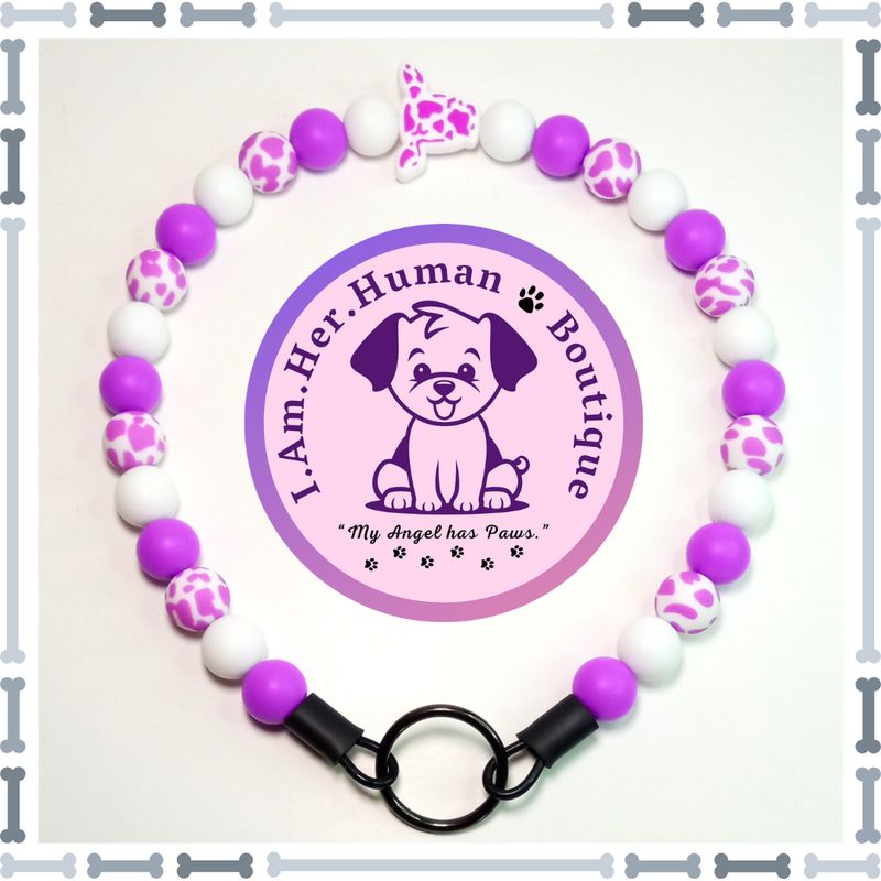 Purple &amp; White Cow Head Focal, Purple &amp; White Cow Print, Purple, White, Silicone Bead Dog Collar, Bubblegum Bead Dog Collar, Beaded Dog Collar, Bubblegum Beaded Collar, Silicone
