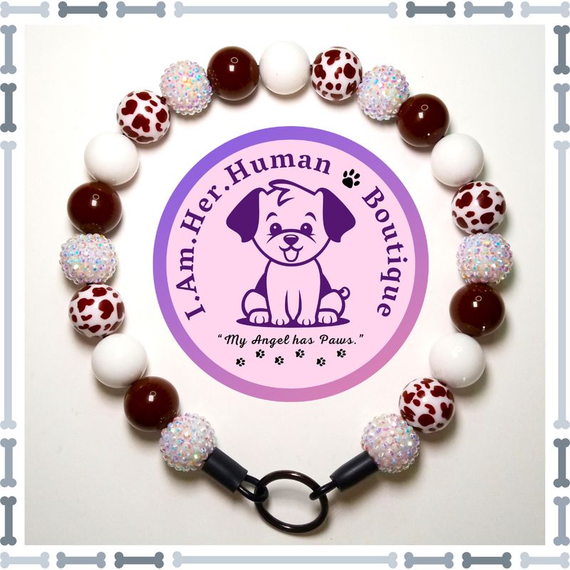 "Chocolate Milk" Chunky Glam Bead Collar White Rhinestone, Brown, White, Brown & White Cow Print, Chunky Glam Bead Dog Collar, Bubblegum Bead Dog Collar, Beaded Dog Collar, Bubblegum Beaded Collar, Acrylic