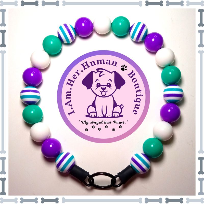 Teal &amp; Purple Stripes, Teal Solid, Purple Solid, White Solid, Chunky Bead Dog Collar, Bubblegum Beaded Collar, Beaded Dog Collar, Pastel Colors, Acrylic