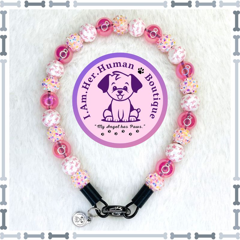 Lil Pawsome Pink Ribbons | Breast Cancer Awareness | Custom | Durable | Slip On | Small | Bubblegum Bead | Beaded Dog Collar | Dog Pearls | Dog Necklace | Pink | Handmade