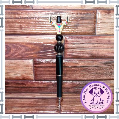 Refillable, Western, Bull Head, Beaded Pen