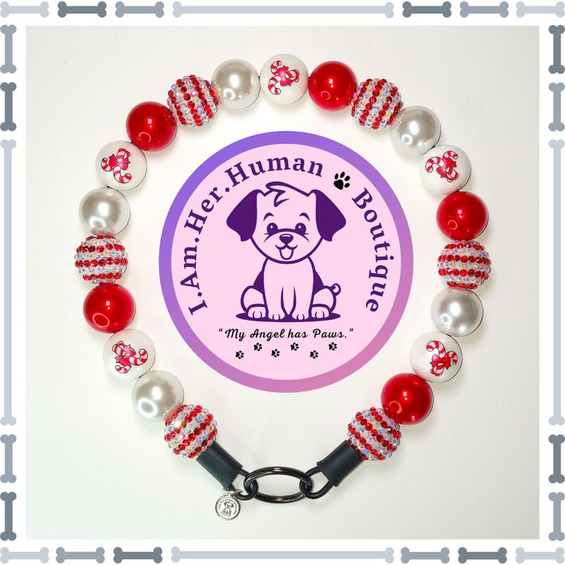 Christmas, Red and White, Rhinestone, Print, Pearl, Chunky Glam Bead Dog Collar, Bubblegum Bead Dog Collar, Beaded Dog Collar, Bubblegum Beaded Collar, Acrylic
