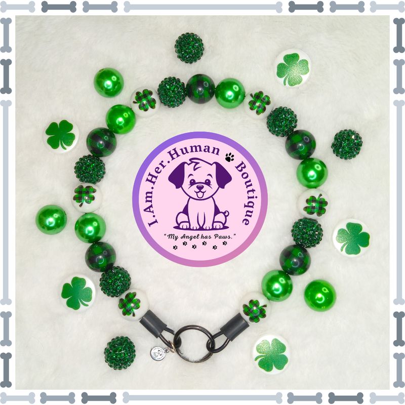 "Green Clover" Chunky Glam Bead Collar Saint Patrick's Day, Clover, Rhinestone, Green, Chunky Glam Bead Dog Collar, Bubblegum Dog Collar, Beaded Dog Collar, Bubblegum Beaded Collar, Dog Pearls, Acrylic
