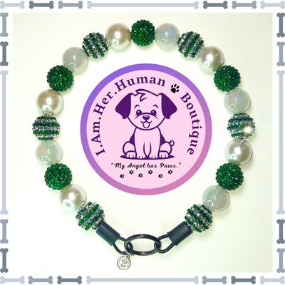 Christmas, Green, White Pearl, White Jelly, Rhinestones, Chunky Glam Bead Dog Collar, Bubblegum Bead Dog Collar, Beaded Dog Collar, Bubblegum Beaded Collar, Acrylic