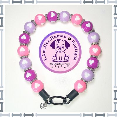 Valentines, Orchid Purple, Lilac Purple, Pink, Heart Print Beads, Chunky Glam Bead Dog Collar, Bubblegum Bead Dog Collar, Beaded Dog Collar, Bubblegum Beaded Collar, Acrylic