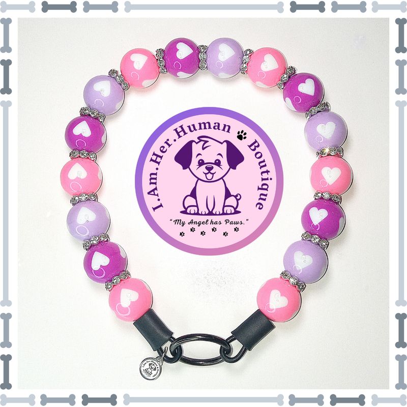 Valentines, Orchid Purple, Lilac Purple, Pink, Heart Print Beads, Chunky Glam Bead Dog Collar, Bubblegum Bead Dog Collar, Beaded Dog Collar, Bubblegum Beaded Collar, Acrylic