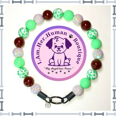 Mint Green Cow Print, White Rhinestone, Brown Solid, Chunky Glam Bead Dog Collar, Bubblegum Beaded Dog Collar, Bead Dog Collar, Acrylic, Dog Pearls, Bead Dog Necklace