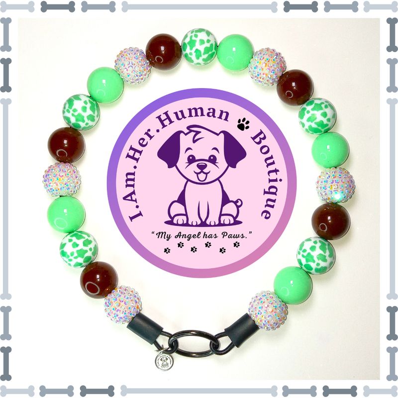 Mint Green Cow Print, White Rhinestone, Brown Solid, Chunky Glam Bead Dog Collar, Bubblegum Beaded Dog Collar, Bead Dog Collar, Acrylic, Dog Pearls, Bead Dog Necklace