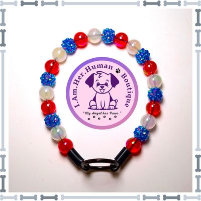 Americana Collar, Red, White, Blue Rhinestone, XS Mini Glam Dog Bead Collar, Bubblegum Bead Dog Collar, XS Mini Beaded Dog Collar, Bubblegum Beaded Collar, Acrylic