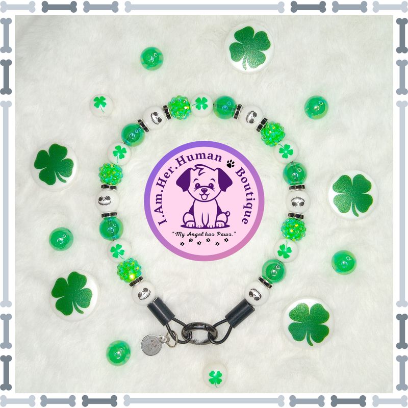 "Lil Patrick Jack" XS Mini Glam Bead Collar Jack Skellington Dog Collar, Green, White, Rhinestones, XS Bubblegum Dog Collar, Holiday Bead Dog Collar, XS Mini Beaded Dog Collar, Acrylic, Dog Pearls, Bead Dog Necklace