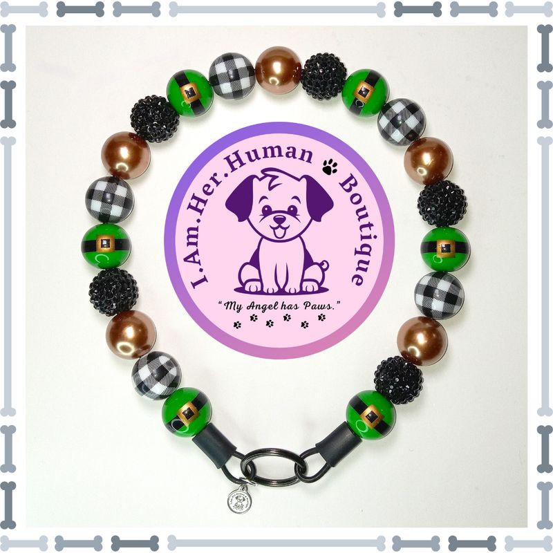 Christmas, Green, Gold, Black, White, Rhinestone, Print, Pearl, Chunky Glam Bead Dog Collar, Bubblegum Bead Dog Collar, Beaded Dog Collar, Bubblegum Beaded Collar, Acrylic