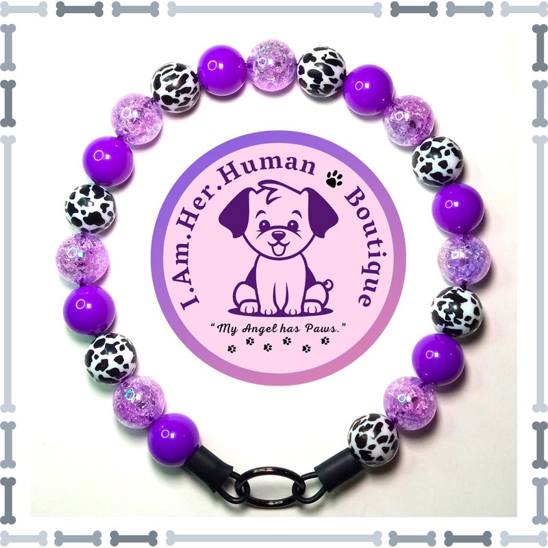 Purple Solid &amp; Crackle, Black &amp; White Cow Print, Chunky Bead Dog Collar, Bubblegum Bead Dog Collar, Beaded Dog Collar, Bubblegum Beaded Collar, Acrylic