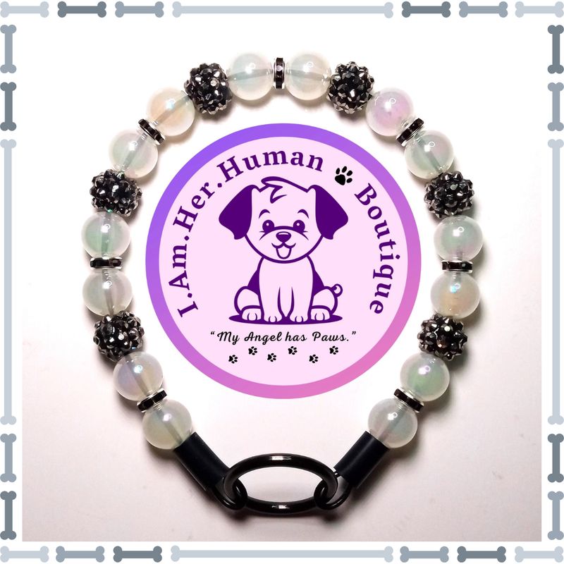"Lil Opaque Elegance" XS Mini Glam Bead Collar White Jelly AB, Smoky Black Rhinestone, Spacer Beads, XS Mini Glam Bead Dog Collar, Bubblegum Bead Dog Collar, XS Mini Beaded Dog Collar, Bubblegum Beaded Collar, Acrylic