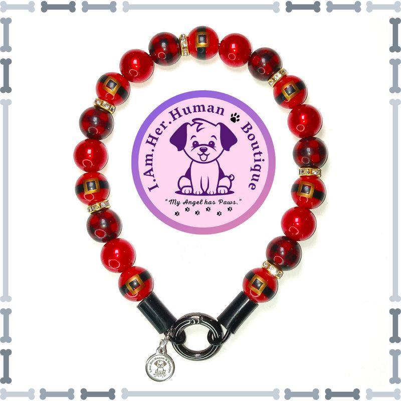 "Lil Red Santa" XS Mini Glam Bead Collar Christmas Dog Collar, Red Santa Beads, Red Plaid Beads, Red Pearls, Rhinestone Spacer Beads, XS Mini Glam Dog Bead Collar, Bubblegum Bead Dog Collar, XS Mini Beaded Dog Collar, Bubblegum Beaded Collar, Acrylic, Dog Pearls, Bead Dog Necklace