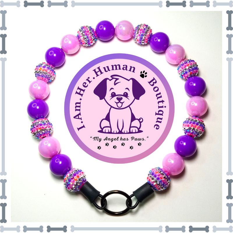 Pink Purple &amp; Silver Rhinestone, Purple, Lilac Jelly, Chunky Glam Bead Dog Collar, Bubblegum Bead Dog Collar, Beaded Dog Collar, Bubblegum Beaded Collar, Acrylic