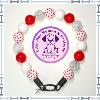 "Be My Valentine" Chunky Bead Collar Valentines, Red Heart Print Beads, Red Beads, White Beads, Chunky Bead Dog Collar, Bubblegum Bead Dog Collar, Beaded Dog Collar, Bubblegum Beaded Collar, Acrylic