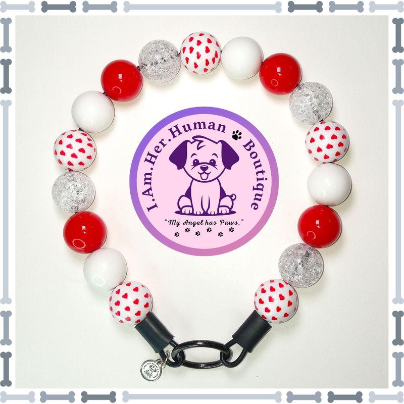 Valentines, Red Heart Print Beads, Red Beads, White Beads, Chunky Bead Dog Collar, Bubblegum Bead Dog Collar, Beaded Dog Collar, Bubblegum Beaded Collar, Acrylic