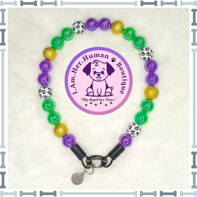 Mardi Gras Dog Collar, Green, Purple, Gold, Paw Print, XS Bubblegum Dog Collar, Holiday Bead Dog Collar, XS Mini Beaded Dog Collar, Acrylic, Dog Pearls, Bead Dog Necklace