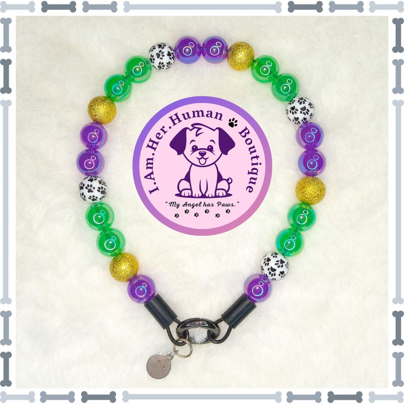 "Lil Mardi Paws" XS Mini Glam Bead Collar Mardi Gras Dog Collar, Green, Purple, Gold, Paw Print, XS Bubblegum Dog Collar, Holiday Bead Dog Collar, XS Mini Beaded Dog Collar, Acrylic, Dog Pearls, Bead Dog Necklace