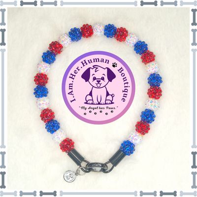 Americana Collar, Red, White, Blue, Rhinestones, XS Mini Glam Dog Bead Collar, Bubblegum Bead Dog Collar, XS Mini Beaded Dog Collar, Bubblegum Beaded Collar, Acrylic