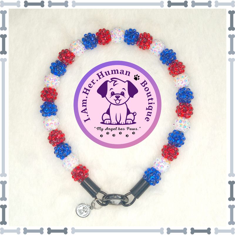 "Lil Patriotic Glitz" XS Mini Glam Bead Collar Americana Collar, Red, White, Blue, Rhinestones, XS Mini Glam Dog Bead Collar, Bubblegum Bead Dog Collar, XS Mini Beaded Dog Collar, Bubblegum Beaded Collar, Acrylic