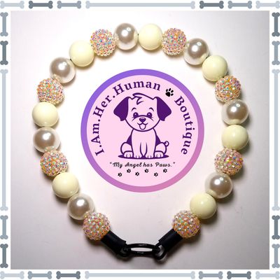 "June Elegance" Chunky Glam Bead Collar Cream Rhinestone, Cream Pearl, Cream Solid, Chunky Glam Bead Dog Collar, Bubblegum Bead Dog Collar, Beaded Dog Collar, Bubblegum Beaded Collar, Acrylic