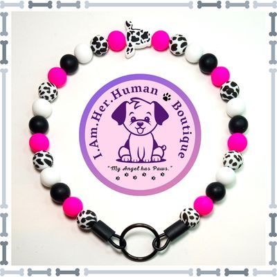 "Black & White Cow Print" Silicone Bead Collar Black & White Cow Head Focal with Hot Pink Variable Beads, Cow Print, Silicone Bead Dog Collar, Bubblegum Bead Dog Collar, Beaded Dog Collar, Bubblegum Beaded Collar, Silicone