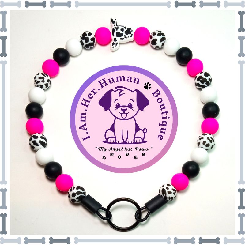 Black &amp; White Cow Head Focal with Hot Pink Variable Beads, Cow Print, Silicone Bead Dog Collar, Bubblegum Bead Dog Collar, Beaded Dog Collar, Bubblegum Beaded Collar, Silicone
